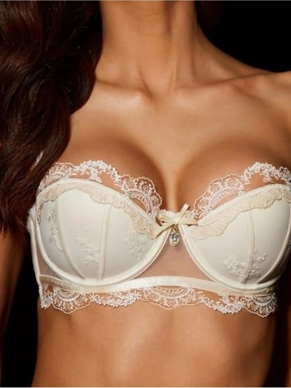 Honey Birdette Cream Lace Balconette Underwire Bra with matching belt .